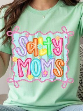 Gildan Mint Green Kids Tee with Colorful "Salty Moms" Graphic